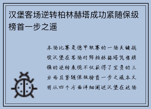 汉堡客场逆转柏林赫塔成功紧随保级榜首一步之遥 汉堡客场逆转柏林赫塔成功紧随保级榜首一步之遥