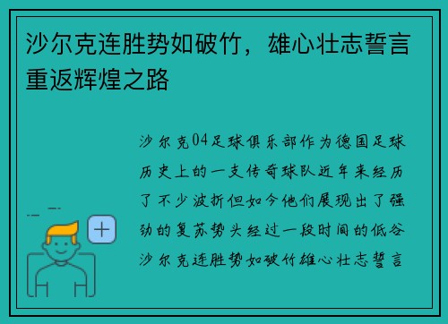 沙尔克连胜势如破竹,雄心壮志誓言重返辉煌之路 沙尔克连胜势如破竹,雄心壮志誓言重返辉煌之路